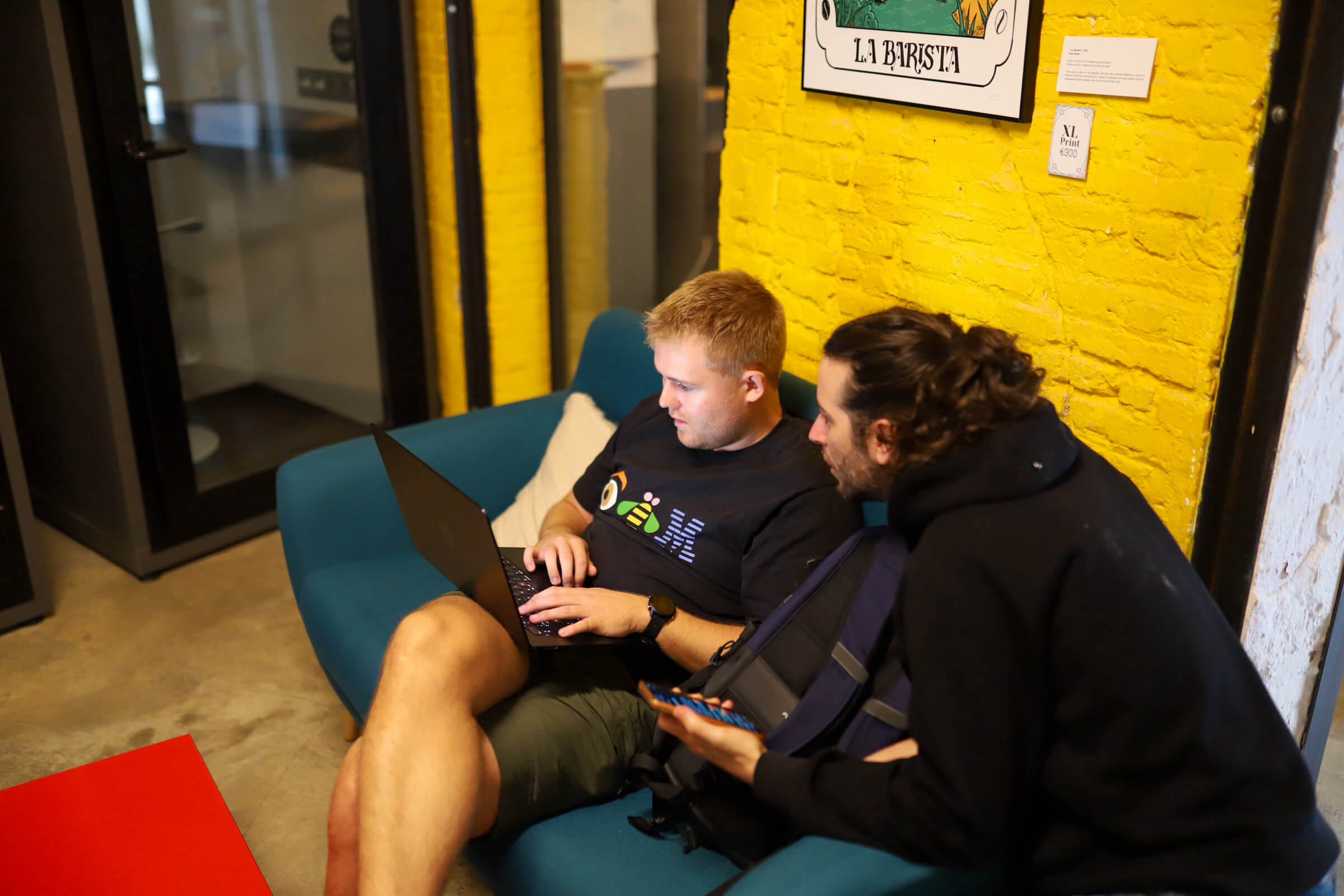 Working on blue couch