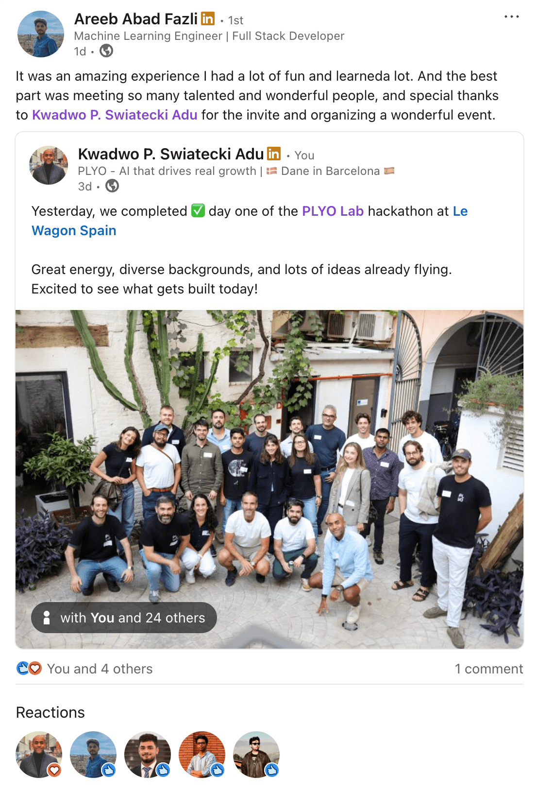 Areeb Abad Fazli LinkedIn post about amazing hackathon experience