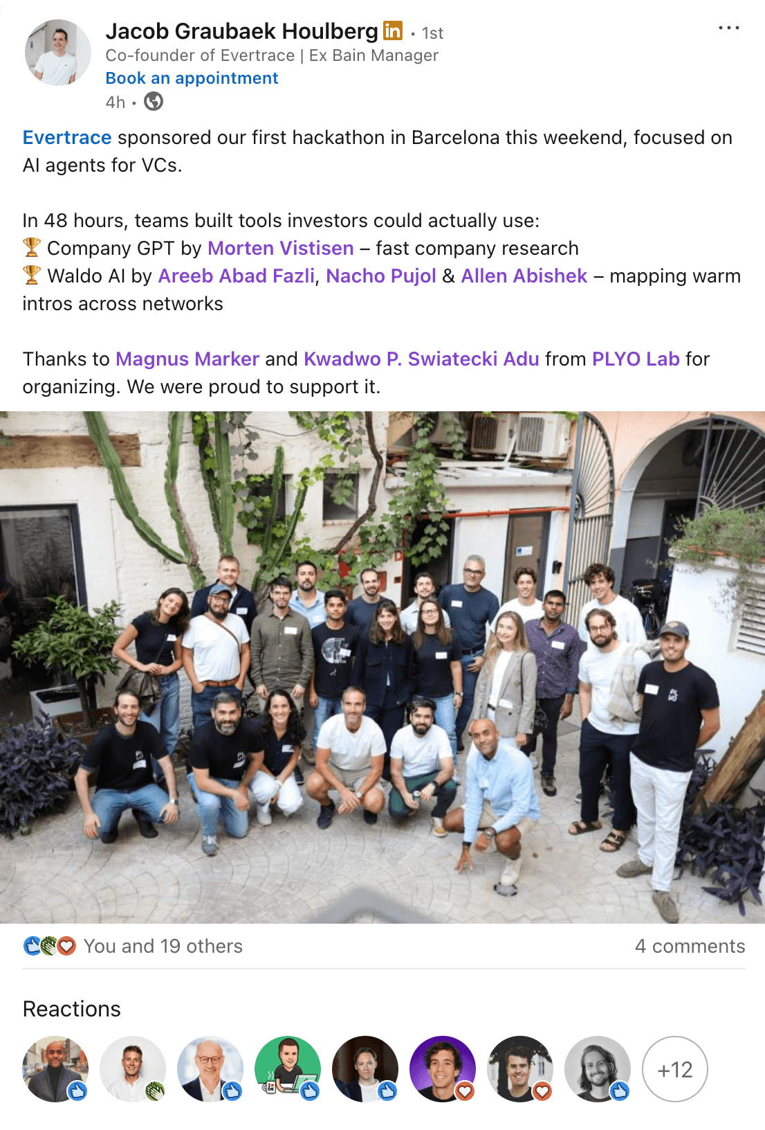 Jacob Graubaek Houlberg LinkedIn post about Evertrace sponsorship
