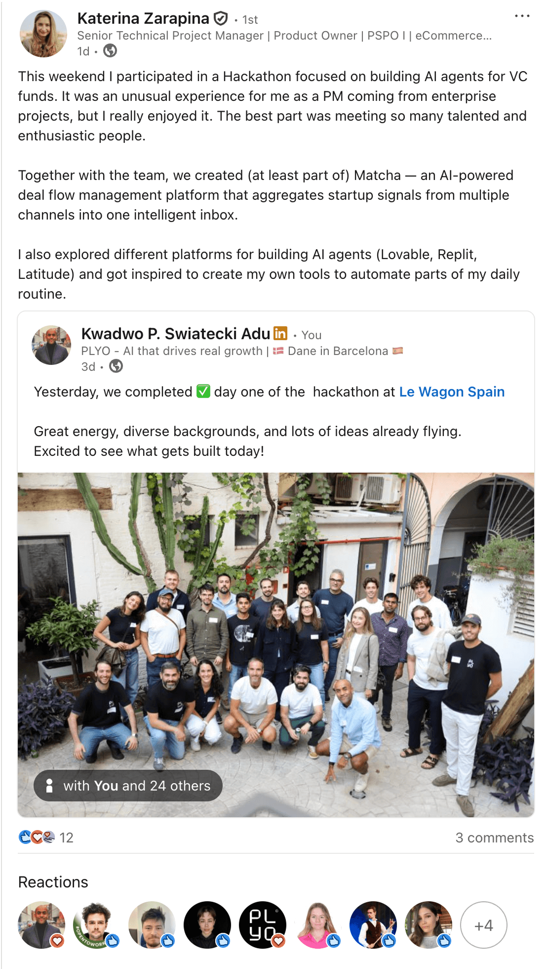 Katerina Zarapina LinkedIn post about participating and building Matcha AI
