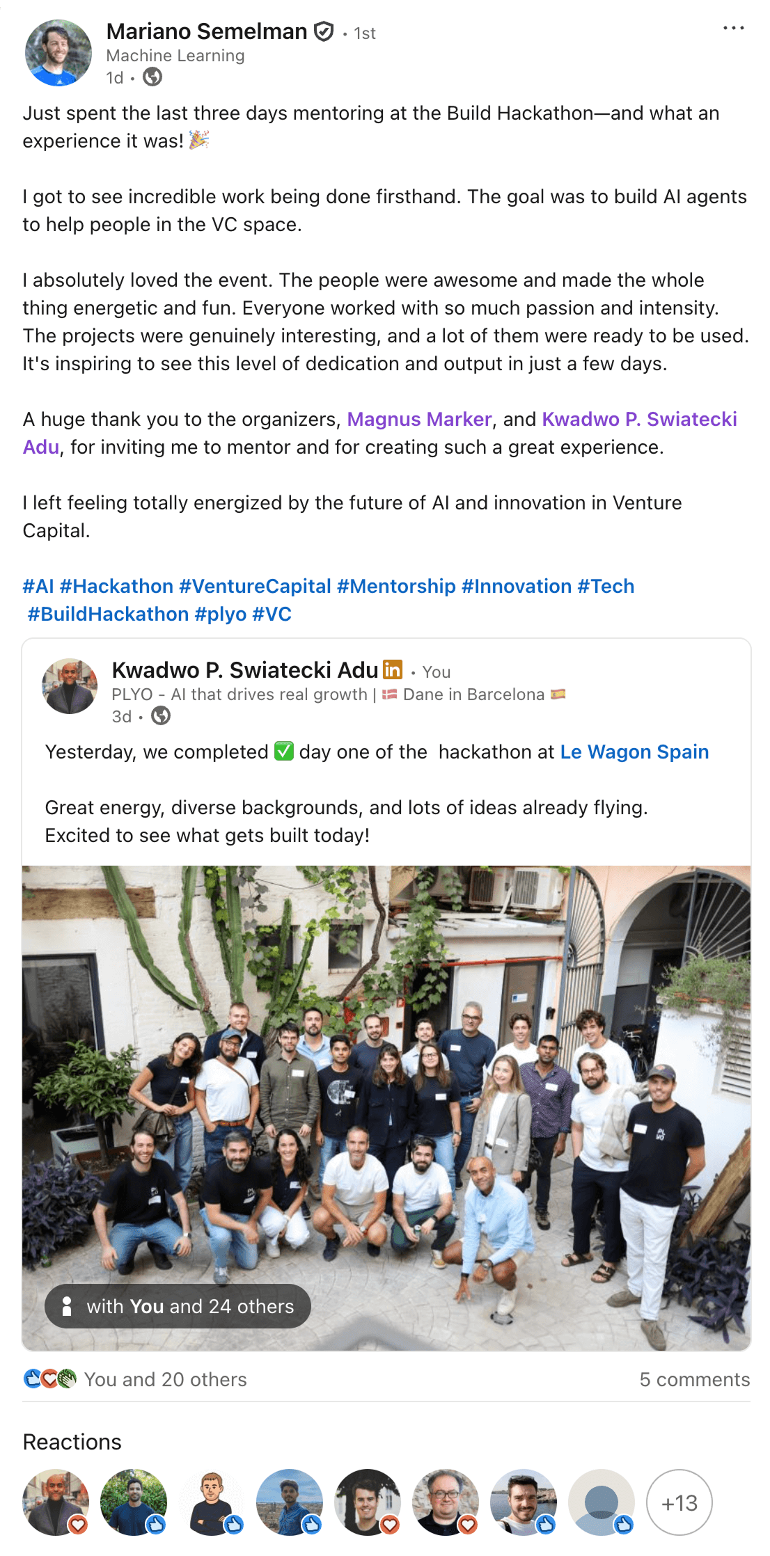 Mariano Semelman LinkedIn post about mentoring at the hackathon