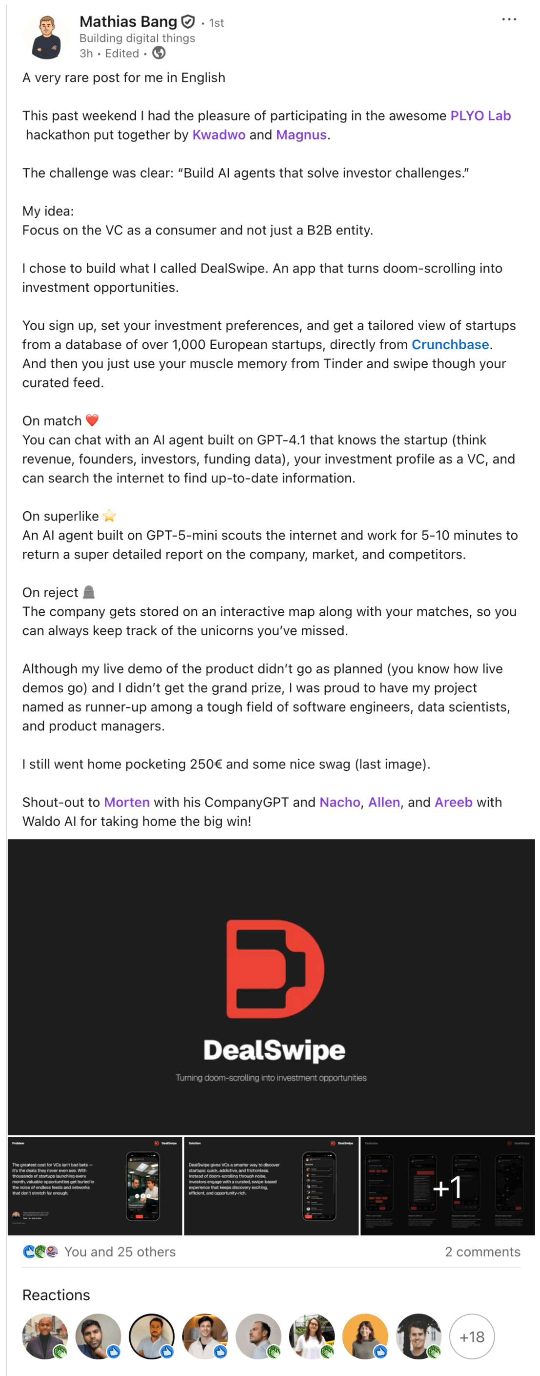 Mathias Bang LinkedIn post about building DealSwipe
