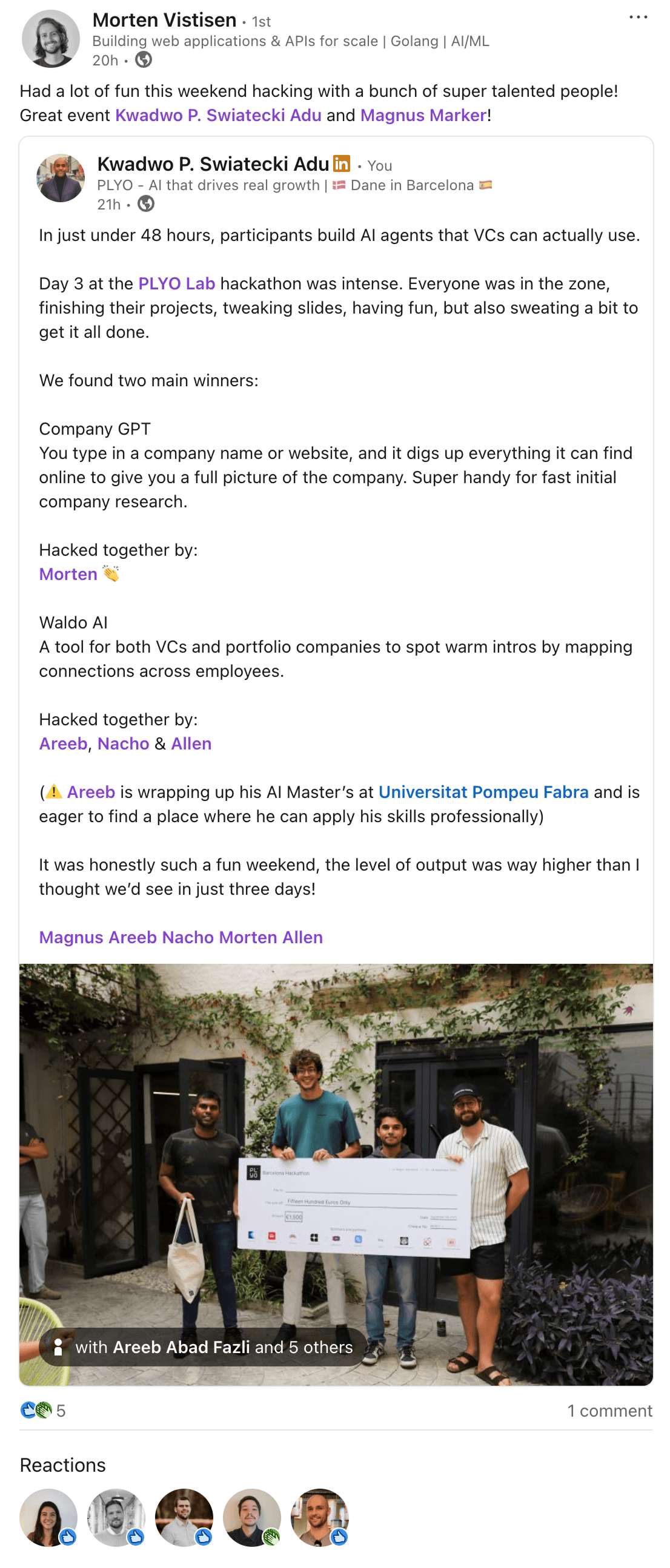 Morten Vistisen LinkedIn post about winning with CompanyGPT