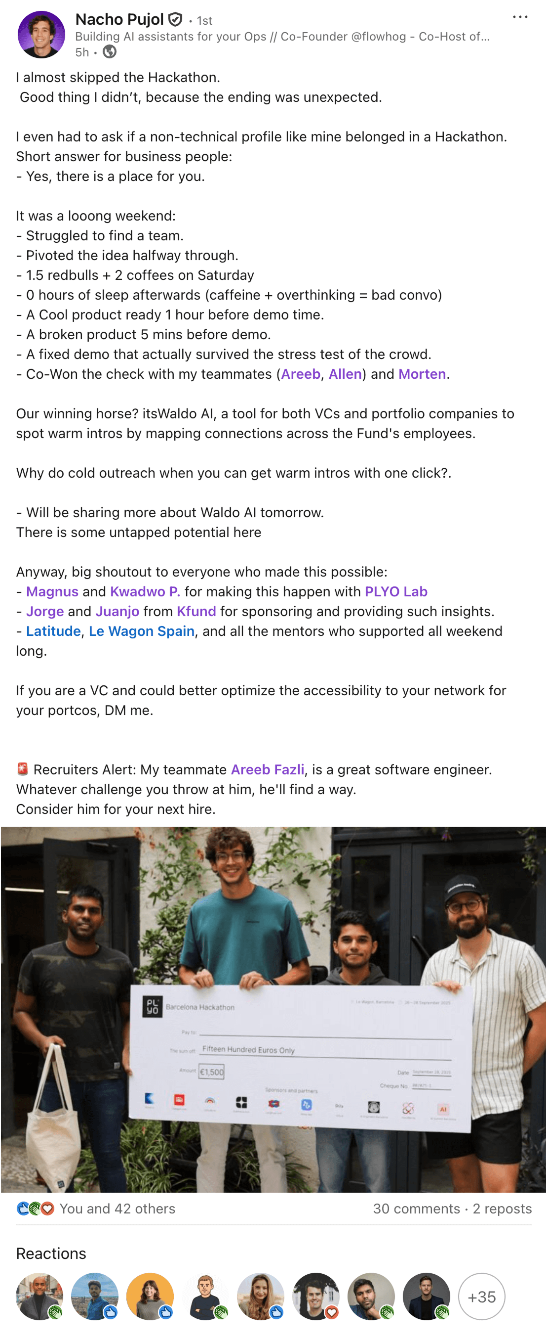 Nacho Pujol LinkedIn post about winning with Waldo AI