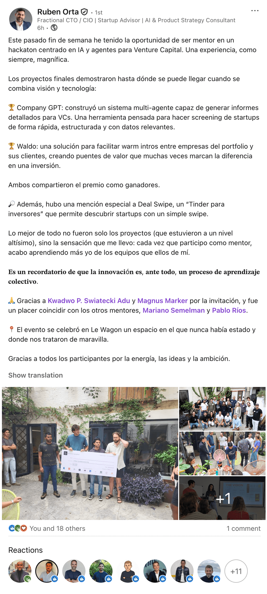 Ruben Orta LinkedIn post about being a mentor
