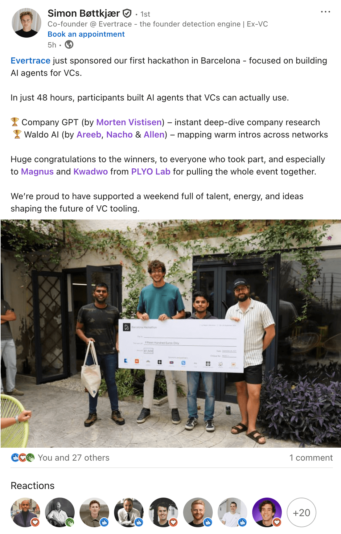 Simon Bøttkjær LinkedIn post about Evertrace sponsoring the hackathon